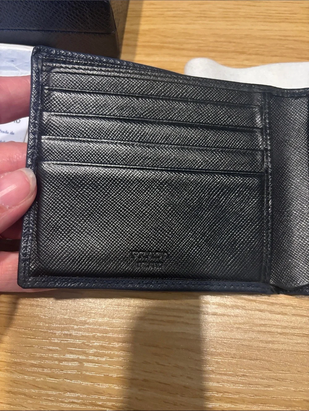 Prada Blue and black  Saffiano Leather wallet with box COA card